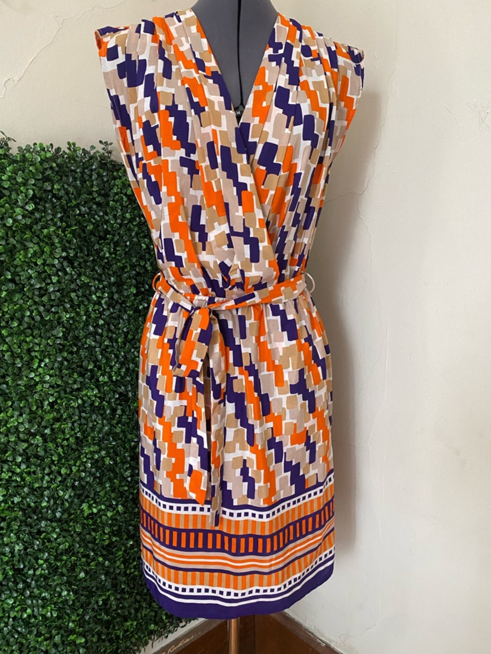 Presley Skye Sleeveless Geometric Midi Dress in Orange, Navy & Cream